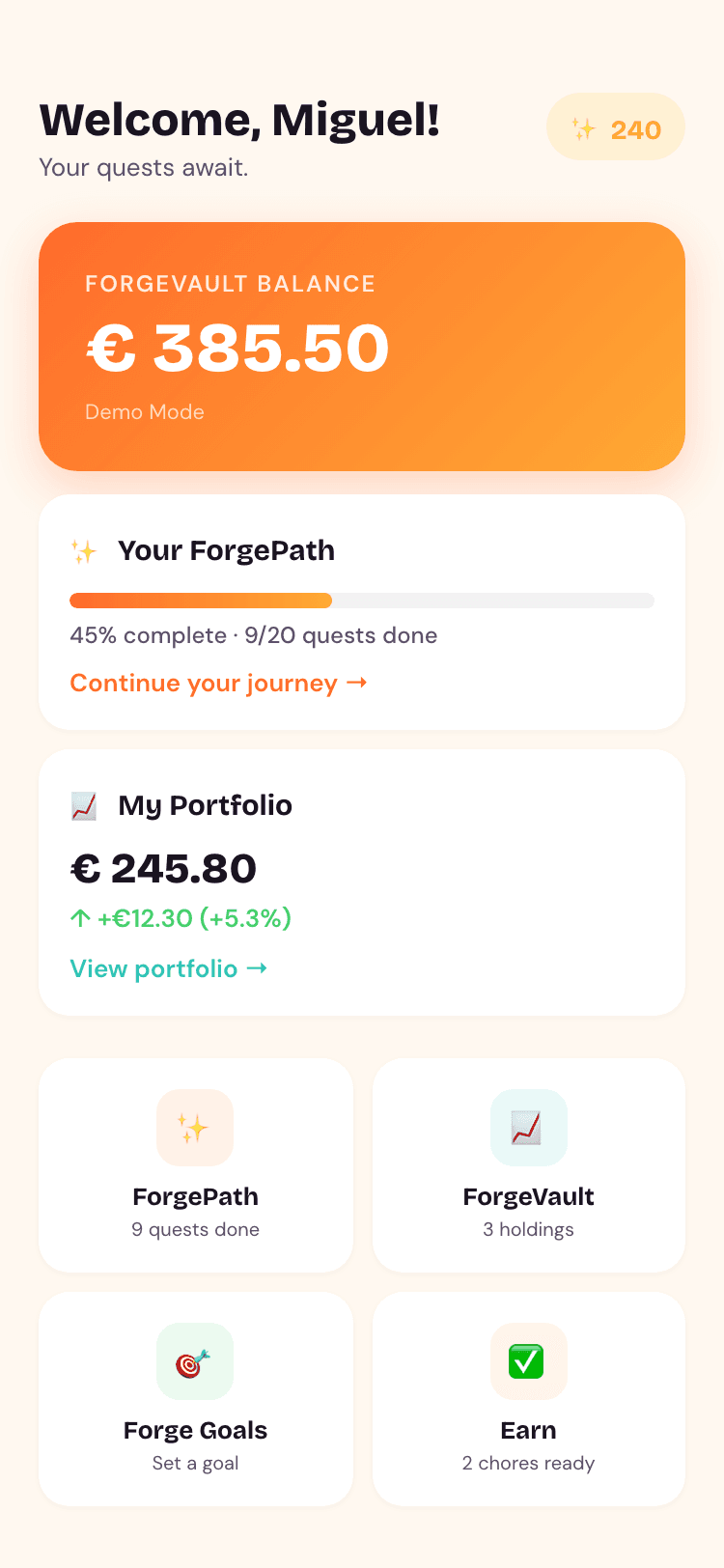 KidForge kid dashboard showing ForgeVault balance, quest progress, and portfolio