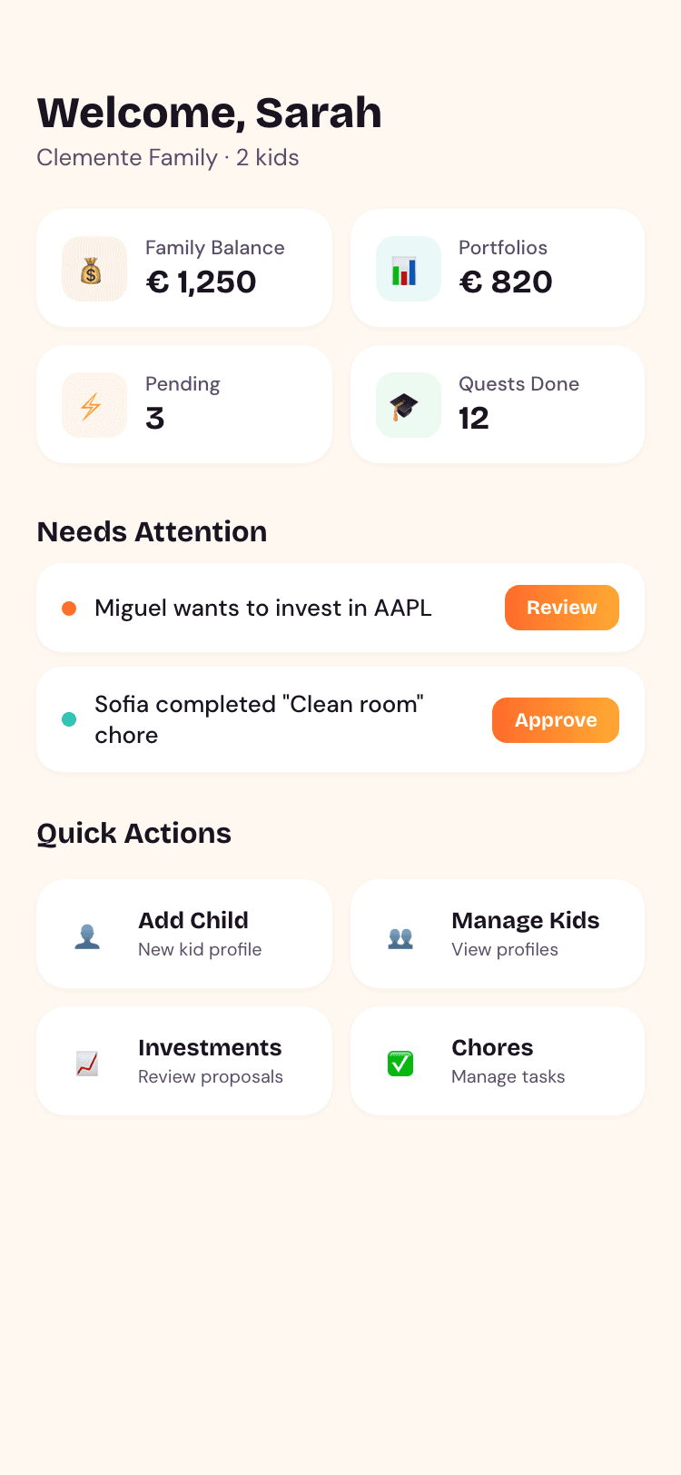 KidForge parent dashboard showing family balance, pending approvals, and quick actions