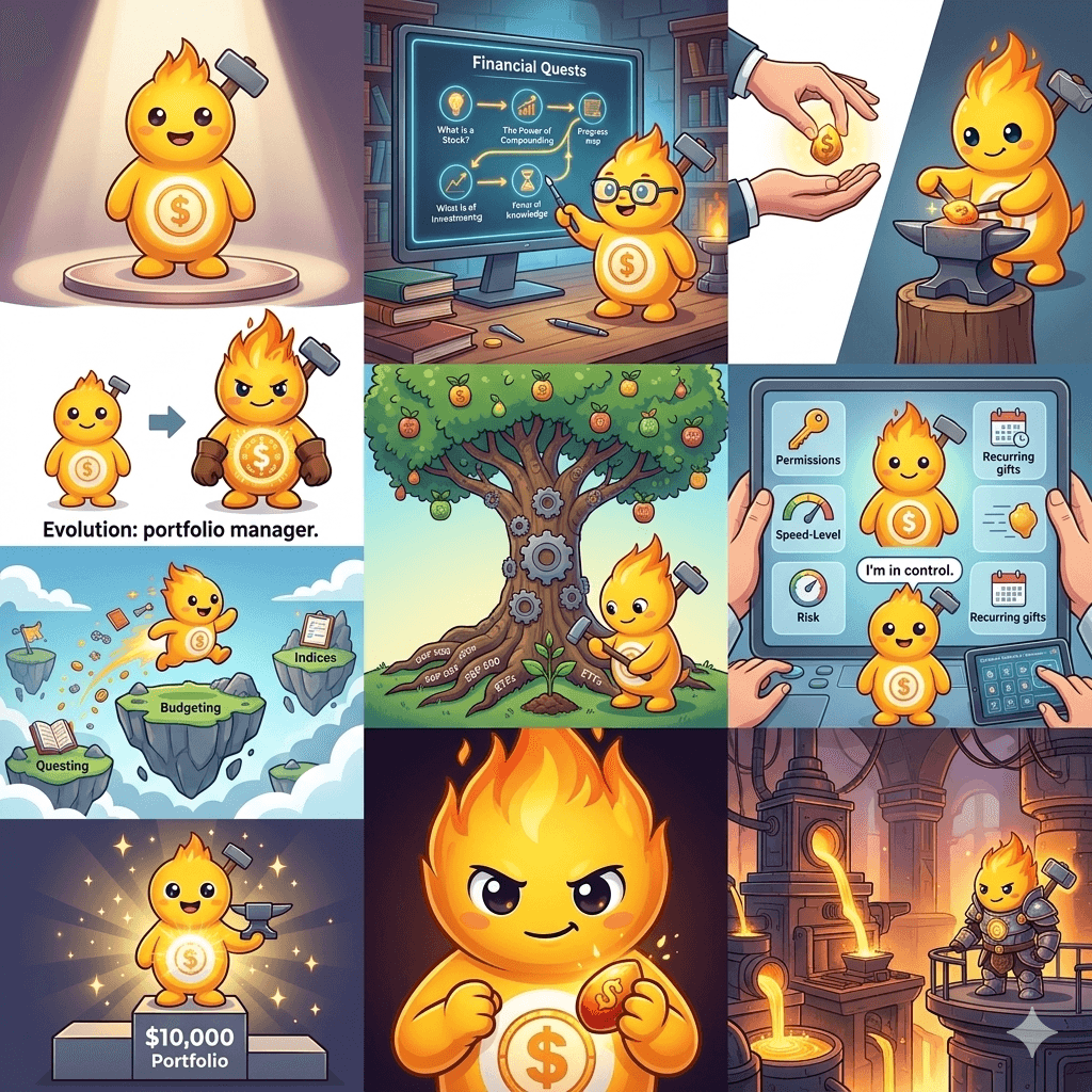 Sparky the KidForge mascot in various scenes — teaching, celebrating, and helping kids learn about money